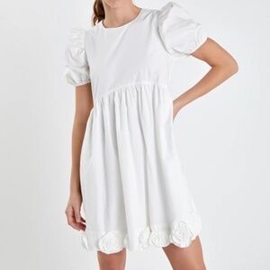 English Factory Women's Ivory Poplin Corsage Mini Dress Size L Puff Sleeve Roses